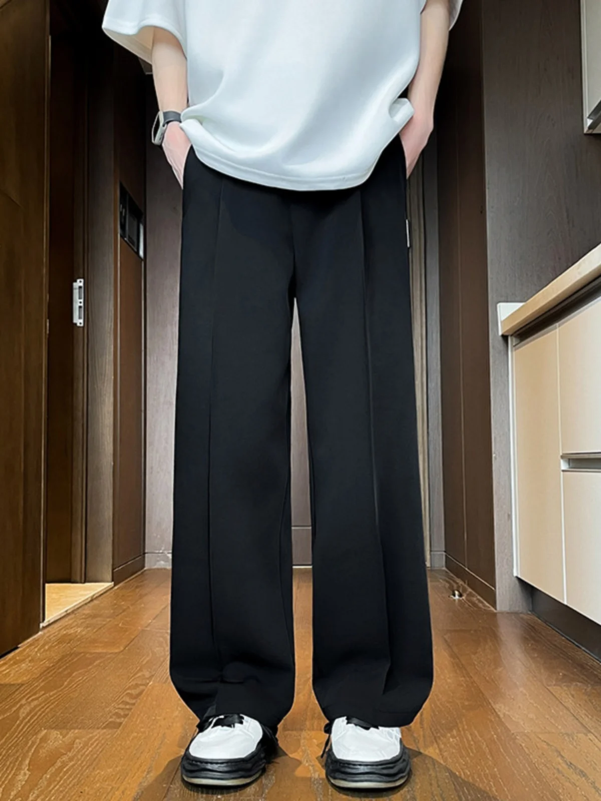 Cleanfit Men's Casual Straight Leg Pants Draped Loose Wide Leg Long Trousers Cool Style Spring Fashion Brand Zeyuan Pure Color