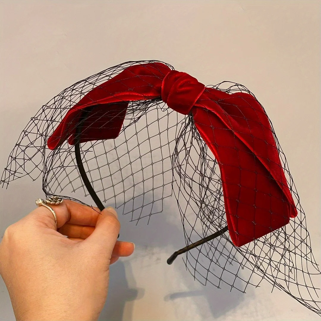 

French Retro Black Veil Headband - Velvet Bow with Face Cover, High Crown Design for Banquets & Halloween Christmas