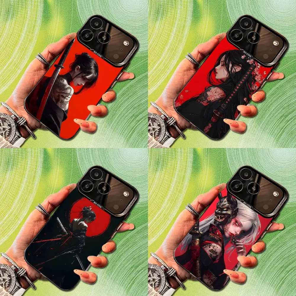 Art Warrior Woman Japanese Phone Case For iPhone 14,17,13,12,11,16,15,Mini,Pro,SE,XS,MAX,Black Matte Silicone Cover