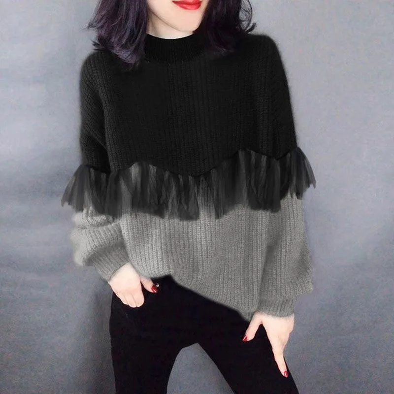 New Spring Fashion Splice Color Matching High Grade Round Neck Loose Large Versatile Western Style Slim Long Sleeve Sweater