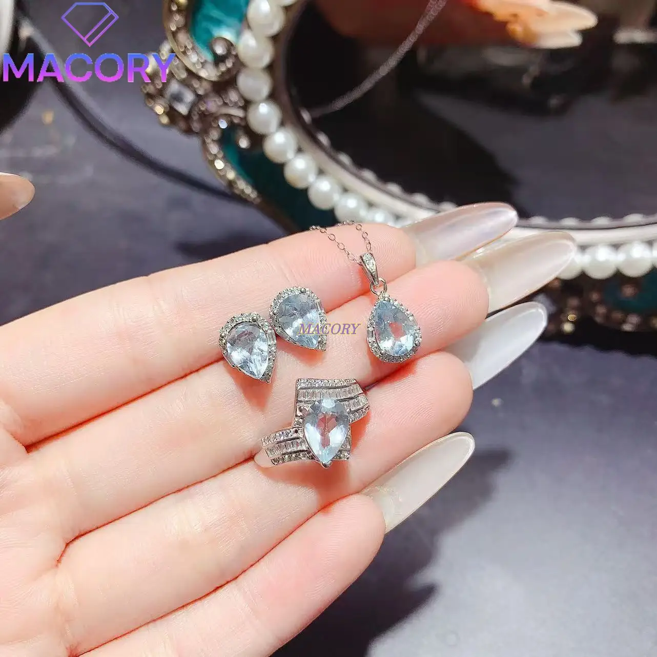 

Natural Aquamarine Set for Women 925 Sterling Silver Exquisite Quality Ring Pendant and Earrings Three-Piece Set