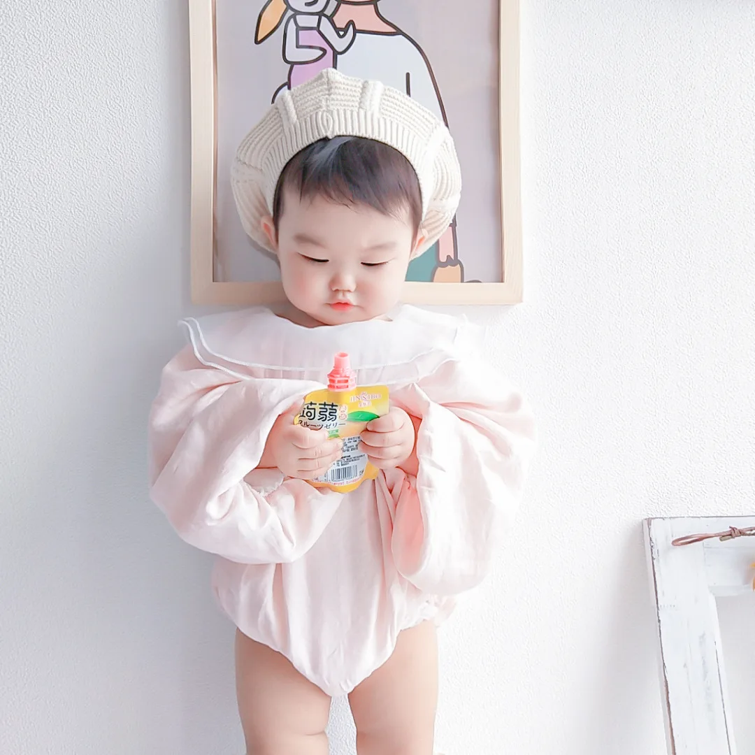 Newborn Baby Clothes Summer and Autumn Cute Princess One-piece Pink Mesh Solid Color Sweet Pullover Lotus Leaf Collar Cotton