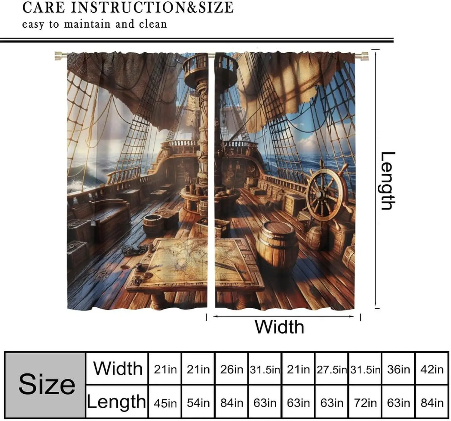 Vintage Nautical Pirate Ship Blackout Curtains,Treasure Map Ocean Sailing Ship Art Printed Window Drapes for Teens Kids Bedroom