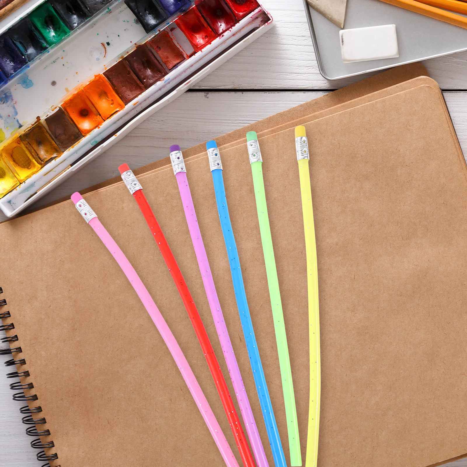 

12Pcs Bendable Green PVC Novelty Pencil Eraser Top Flexible Writing Pencil Random Colors 18Cm Length Friendly