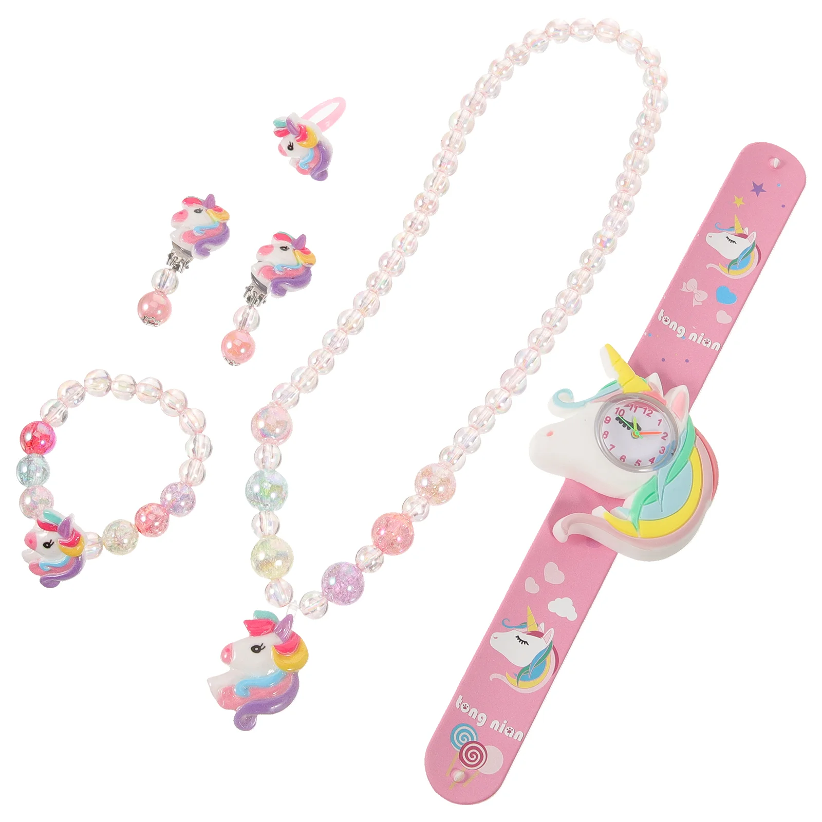 Anello elastico in silicone carino unicorno alla moda + orecchini collana braccialetto set orologio digitale gioielli per ragazza per ragazze bambino in plastica