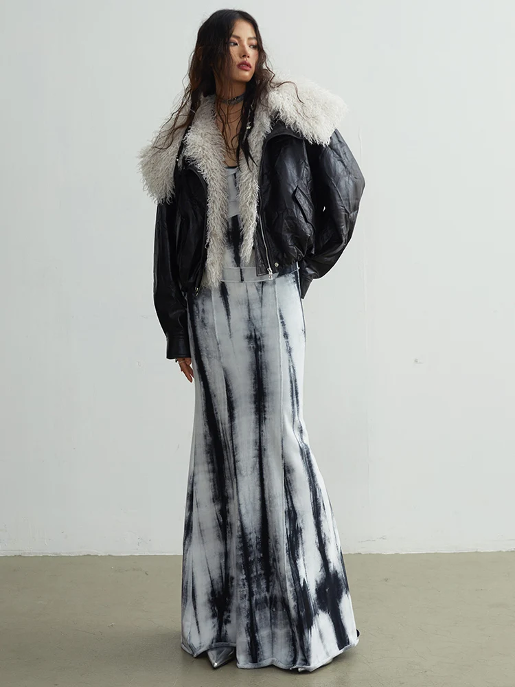 [EAM] Black Big Size PU Leather Jacket New Removable Fur Collar Long Sleeve Women Coat Fashion Tide Spring Autumn 2026 1DH2121