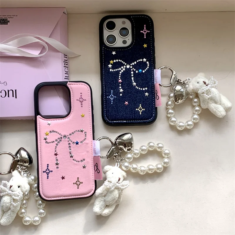 Korean Cute Diamond Bow Denim Phone Case For iPhone 16 Pro 14 13 15 Pro Max Cover with Plus Rabbit Keychain Cases 16 Promax Capa