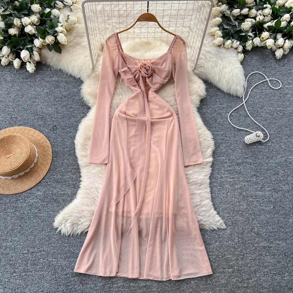 Chique vintage floral quadrado pescoço vestido elegante fada coreano moda outono festa roupas femininas