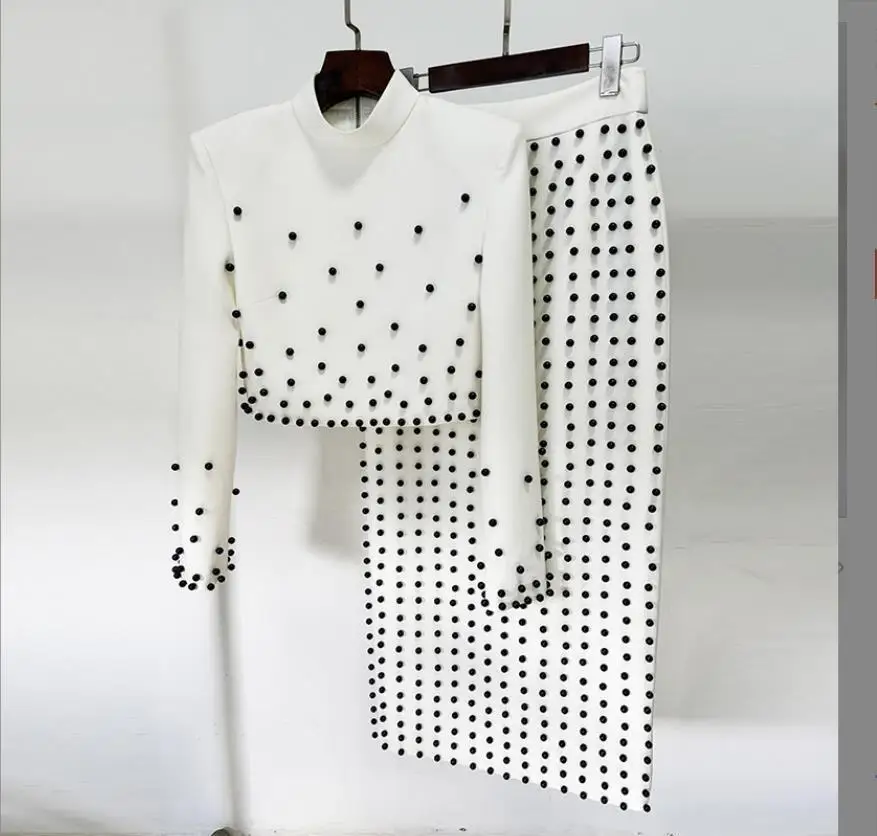 Runway Brand Designer Two Piece Set Women White Jackets Beaded Skirts Suits Stand Zipper Midi Long Pencil Skirts 2pcs Outfits