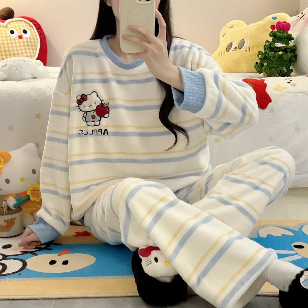 Winter Pajamas Suit Flannel Hello Kitty for Women Autumn Female Coral Velvet Thickened Warm Home Clothes Girls Lounge Clothes