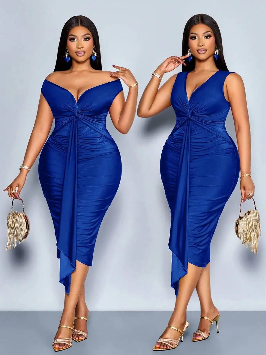 

Royal Blue V-Neck Off Shoulder Pleated Twist Cocktail Dress Women Elegant Evening Party Midi Dress