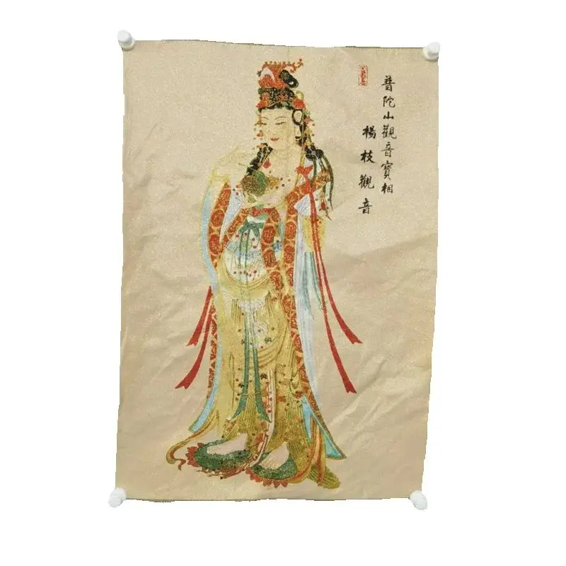 Putuo Mountain Guanyin Silk Brocade Tangka Wall Art - Traditional Chinese Embroidery Home Decorative Piece Artistic Statue