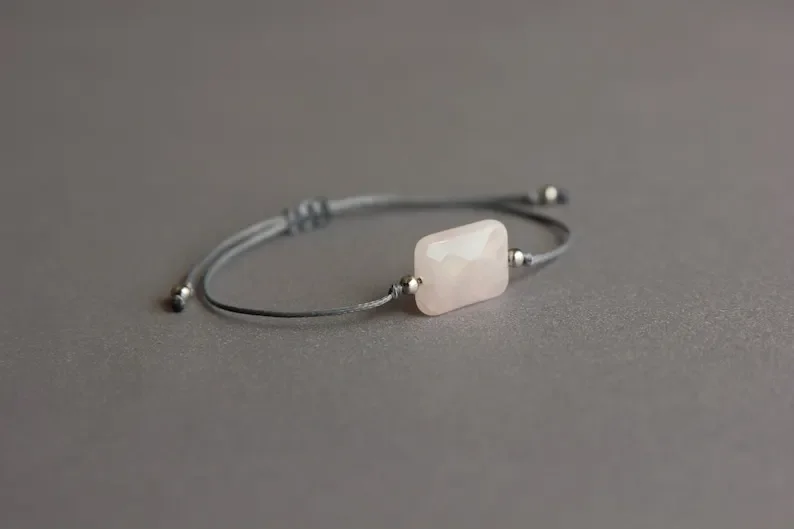 Rectangular faceted rose quartz jewelry January birthstone Cute natural stone bracelet Exquisite rope bracelet