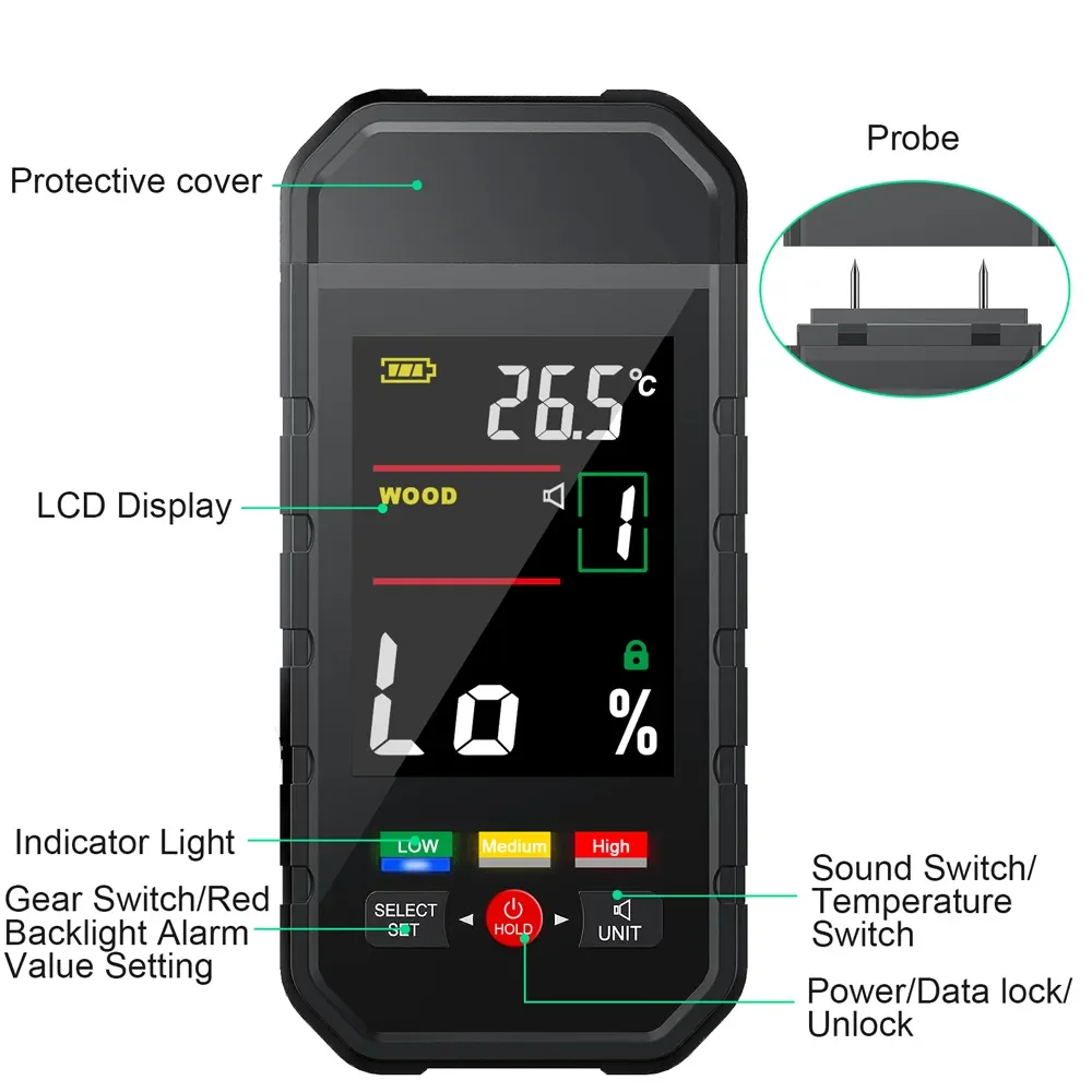 WT9050B Color Screen Wood Moisture Meter Wall Moisture Detector 10 Gear Water Content Accurate Measurement with Temperature Test