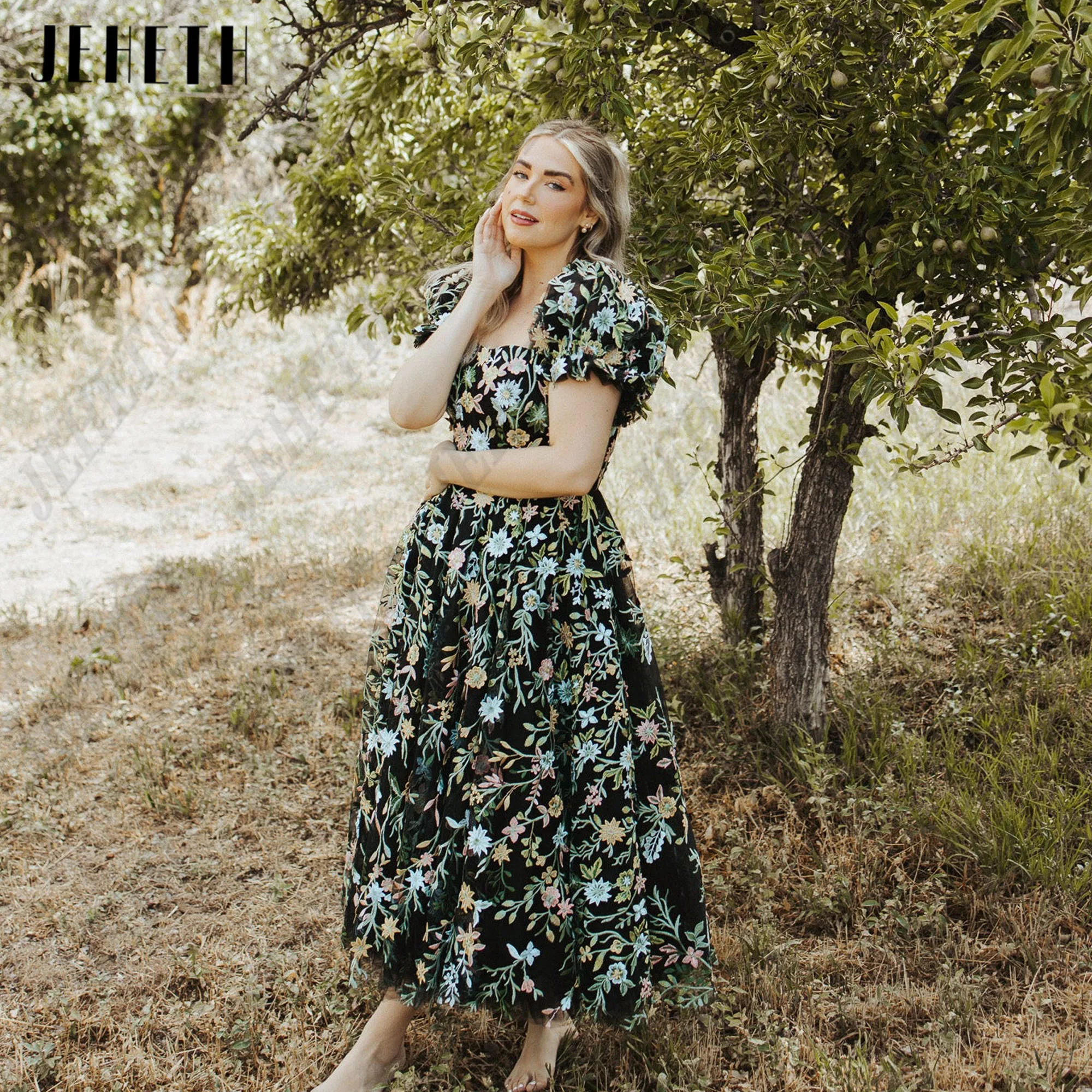 JEHETH Embroidery Lace Evening Party Gowns Square Collar Flowers Corset Prom Dress Puff Sleeve vestidos de ocasião Customized