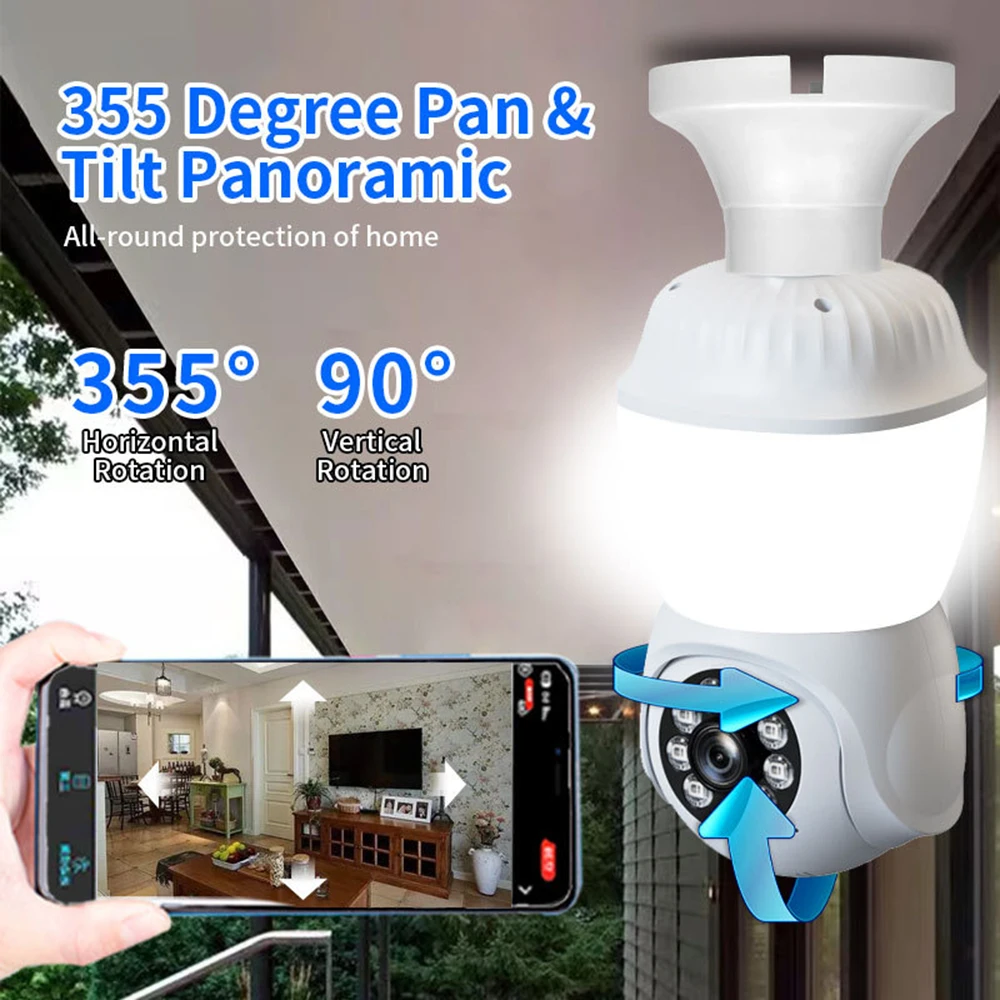 5MP E27 Bulb Camera Wifi Surveillance with LED Bulb HD PTZ 10X Zoom Smart Home Tracking Two-way Audio Night Vision Wireless Cam