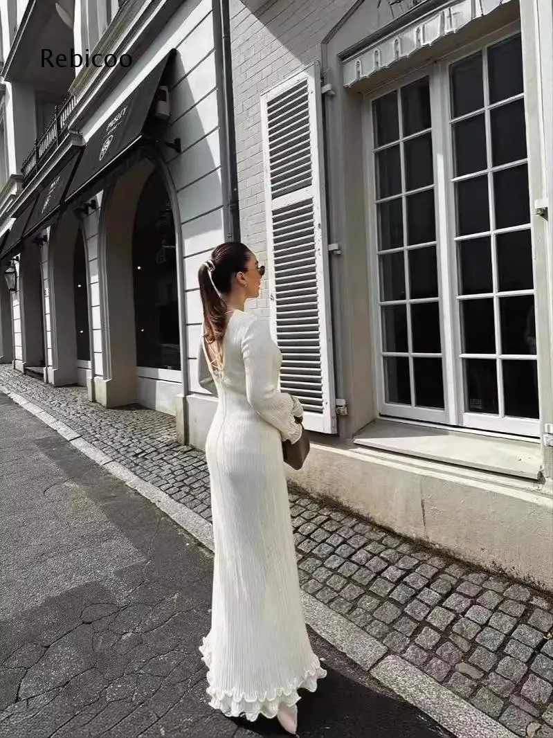 Ladies Solid Ribbed Floor Length Dress Round Neck Flare Sleeve Ruffle Trim Slim Dress For Evening Gathering And Street Outing