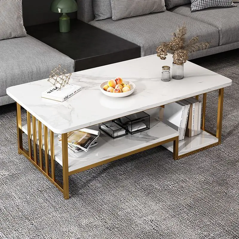 Metal Centre Table 2 Layers Modern Faux White Marble Wood Coffee Table for Living Room