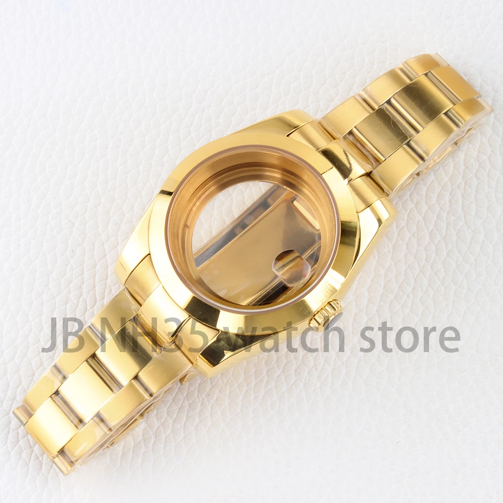الذهب 36/39 مللي متر NH35 ساعة الحال بالنسبة DATEJUST NH35 NH36 حركة الياقوت الزجاج الفولاذ المقاوم للصدأ المحار مصقول حزام 28.5 مللي متر الهاتفي