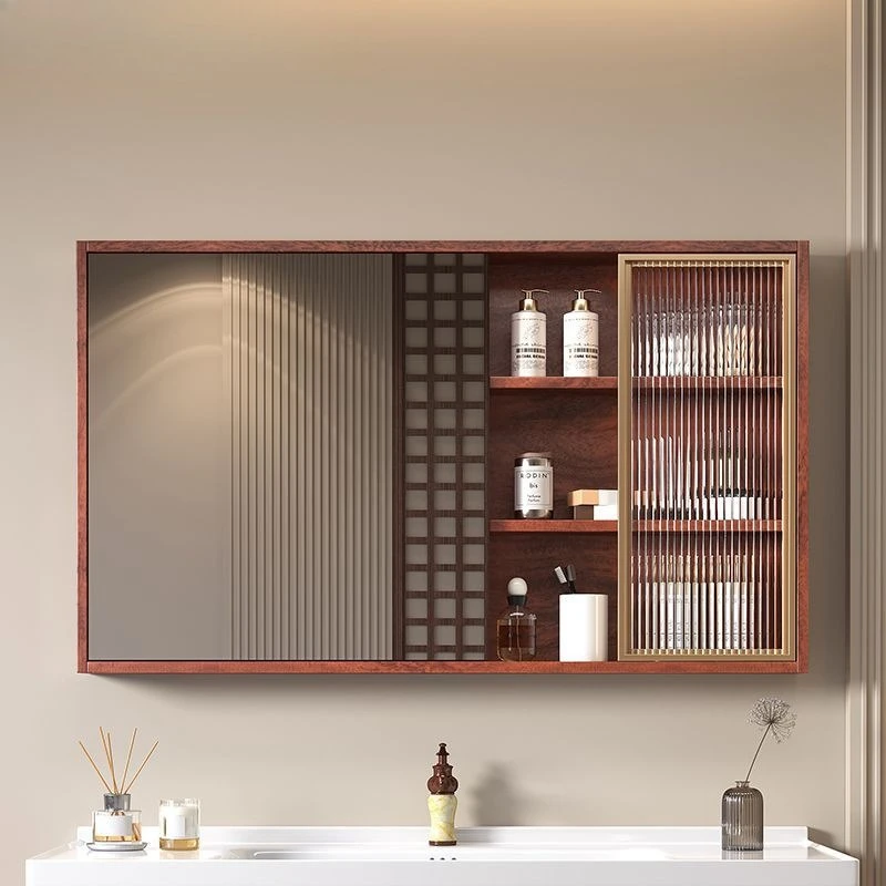 solid wood intelligent push-pull hidden feng shui mirror cabinet wall-mounted cosmetic storage separate bathroom mirror cabinet
