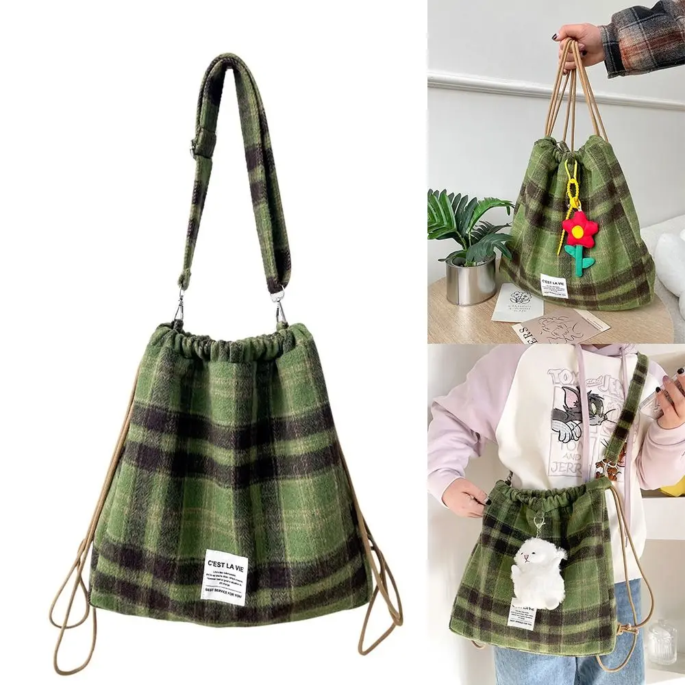 Fashion Multicolor Drawstring Backpack Plaid Green Grids Crossbody Bag Adjustable Large Capacity Tote Go School