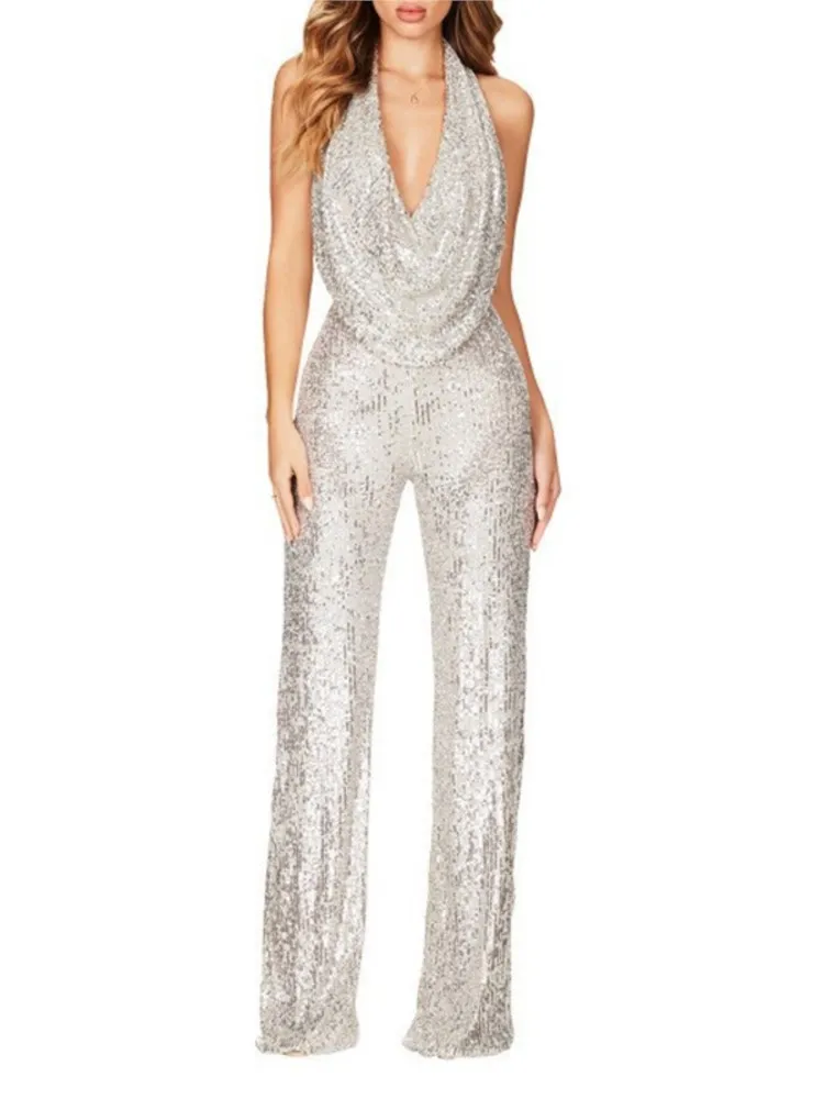 จั๊มพ์สูทแฟชั่นผู้หญิง แต่งเลื่อม คอ halter ทรงเข้ารูป เอวสูง ขาตรง สไตล์ลำลอง เหมาะสำหรับใส่ไปทำงาน ปาร์ตี้ งานพรอม ชุดจั๊มพ์สูทขายาวแบบชิ้นเดียว