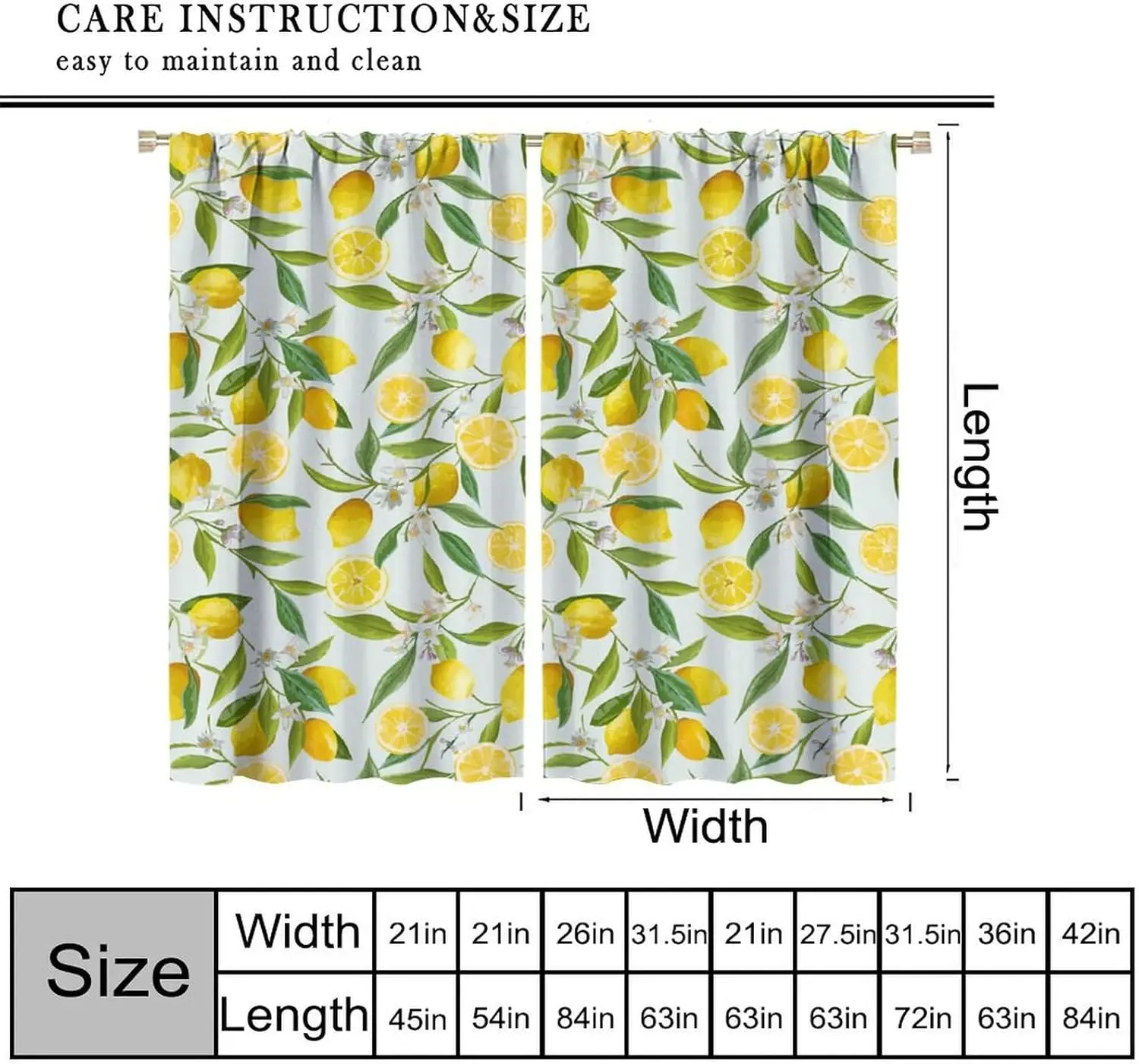 Lemon Fruit Plant Curtains, Green Leaves Modern Pattern, Rod Pocket Window Drapes for Kids Bedroom Living Room Home Decor