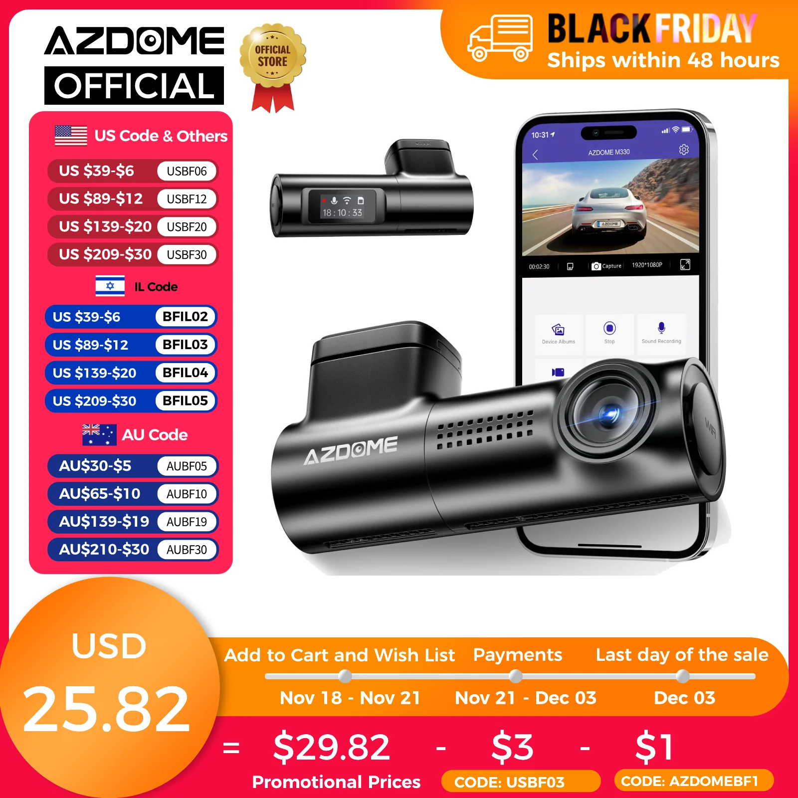 AZDOME M330 Car DVR 1296P Dash Cam Smart Voice Control WiFi Free APP G-sensor Emergency Record Parking Monitor Loop Recording