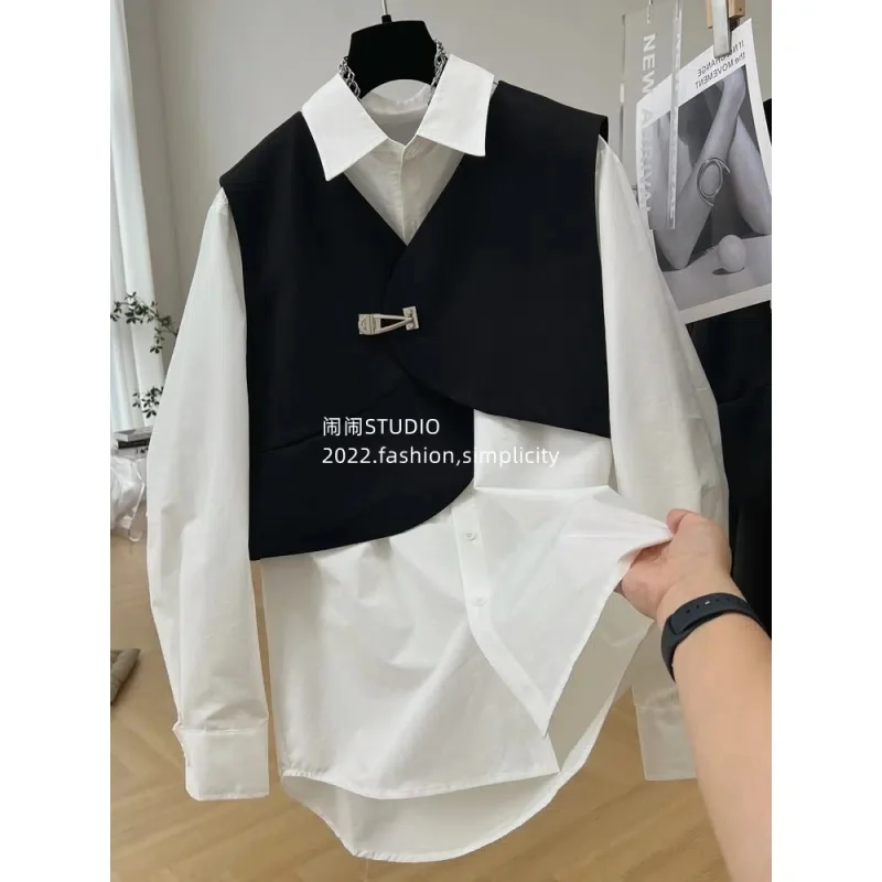 2023 Spring Summer New 300 Catties Long-Sleeved Shirt Vest Two-Piece Loose Korean Version of Thin Shirt Fashion All-in-one Suit