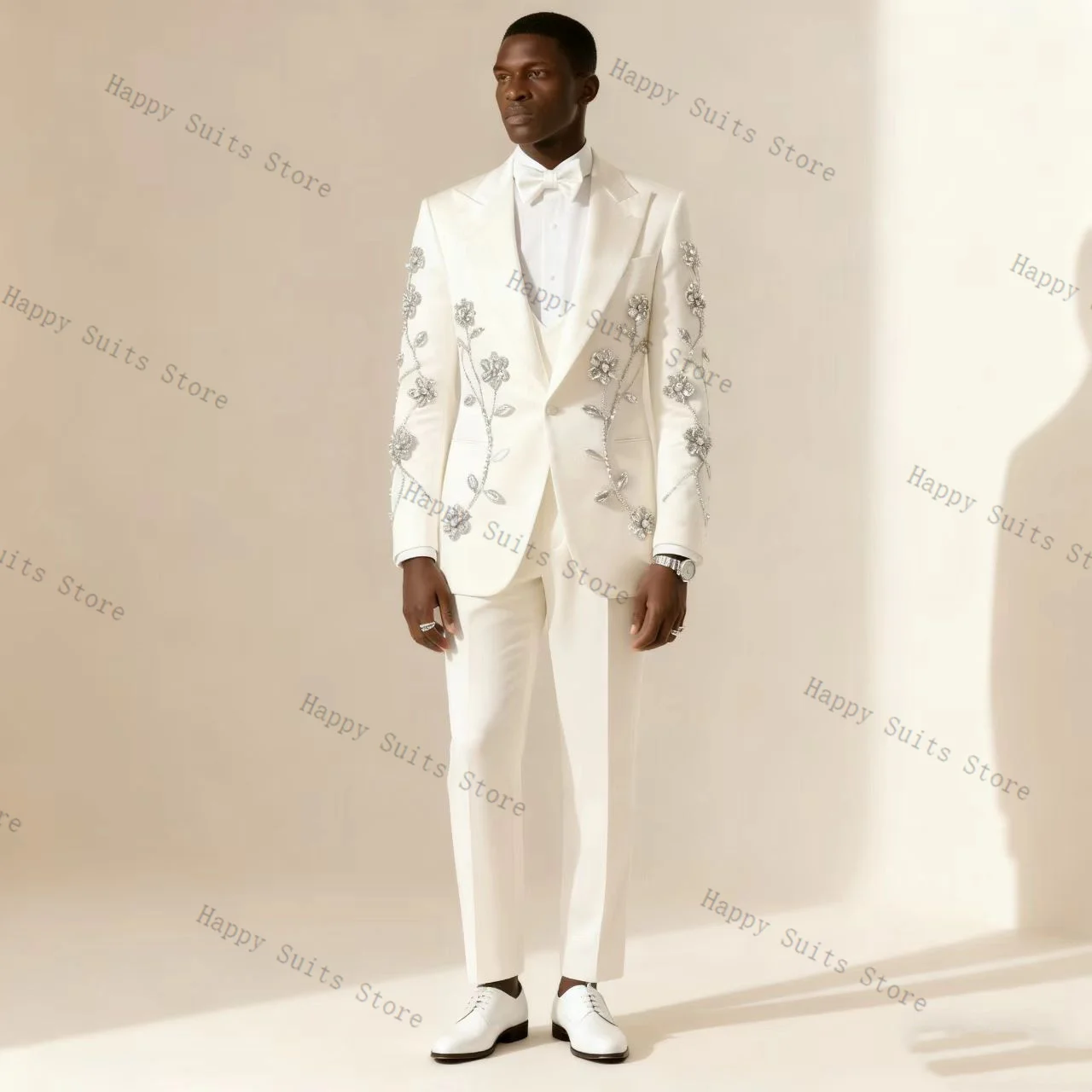 Weißer Kristall-Herrenanzug, 2-teilig, Bräutigam-Blazer + Baumwollhose, Formeller Büroanzug, Hochzeits-Smoking, Maßgeschneiderte Jacke