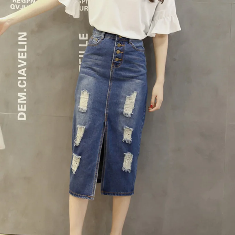 Women's Ripped Hole Denim Skirt, Long, High Waist, Single Breasted, Straight, Front Split, Slim, Sexy Fashion, Spring