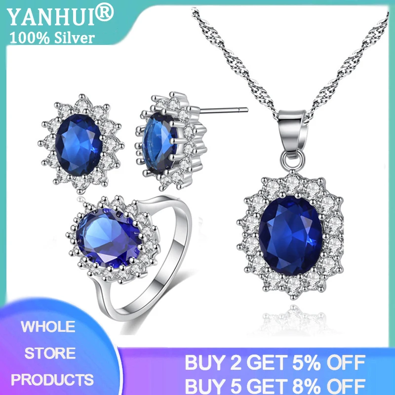 

YANHUI Luxury 2.0CT Lab Sapphire Tibetan Silver Jewelry Sets for Women Blue Zircon Ring Earrings Necklace Wedding Jewelry Set