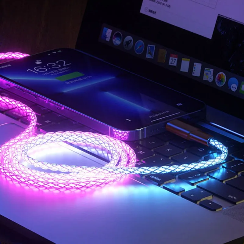 RGB Symphony One to Three Data Cable Gradient Luminous 66w Super Fast Charging Breathing Lamp Mobile Phone Charging usb c Cable