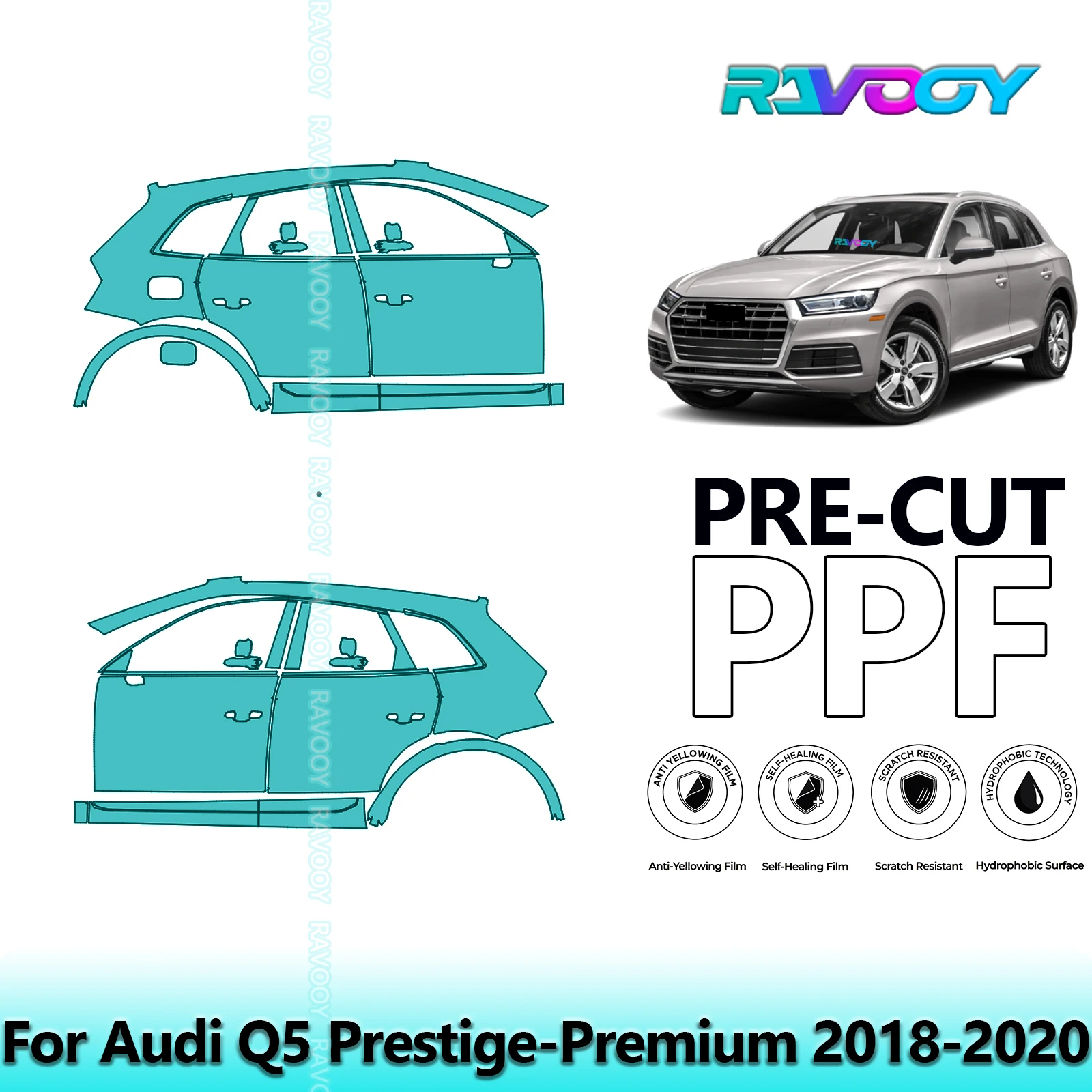 

For Audi Q5 Prestige-Premium 2018-2020 8.5mil Clear Matte Pre-Cut PPF Door & A/B Pillar Kit TPU Paint Protection Film Set