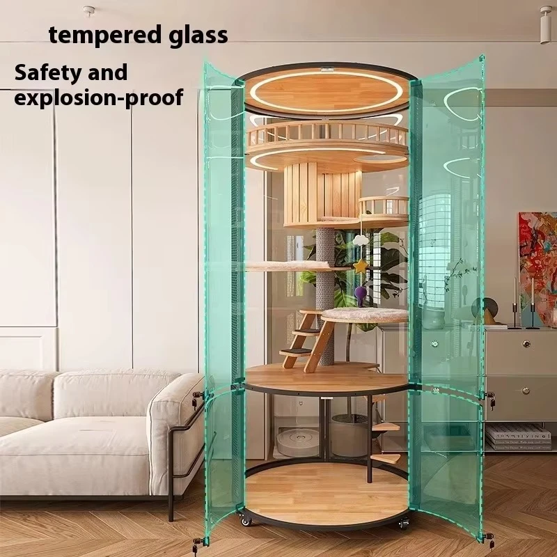 Luxury Solid Wood Cat Villa Round Full View Window Large Indoor Pet House Cabinet All Season Use