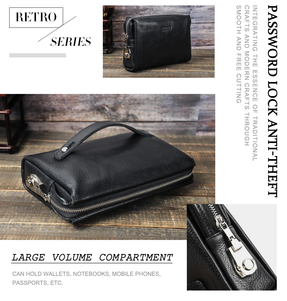 CONTACT'S Herren-Clutch mit Passwortschloss-Design, Langlebige Handtasche mit Reißverschluss, Herren-Geschäftslangbörse aus Echtleder, Handytasche – Detail 1