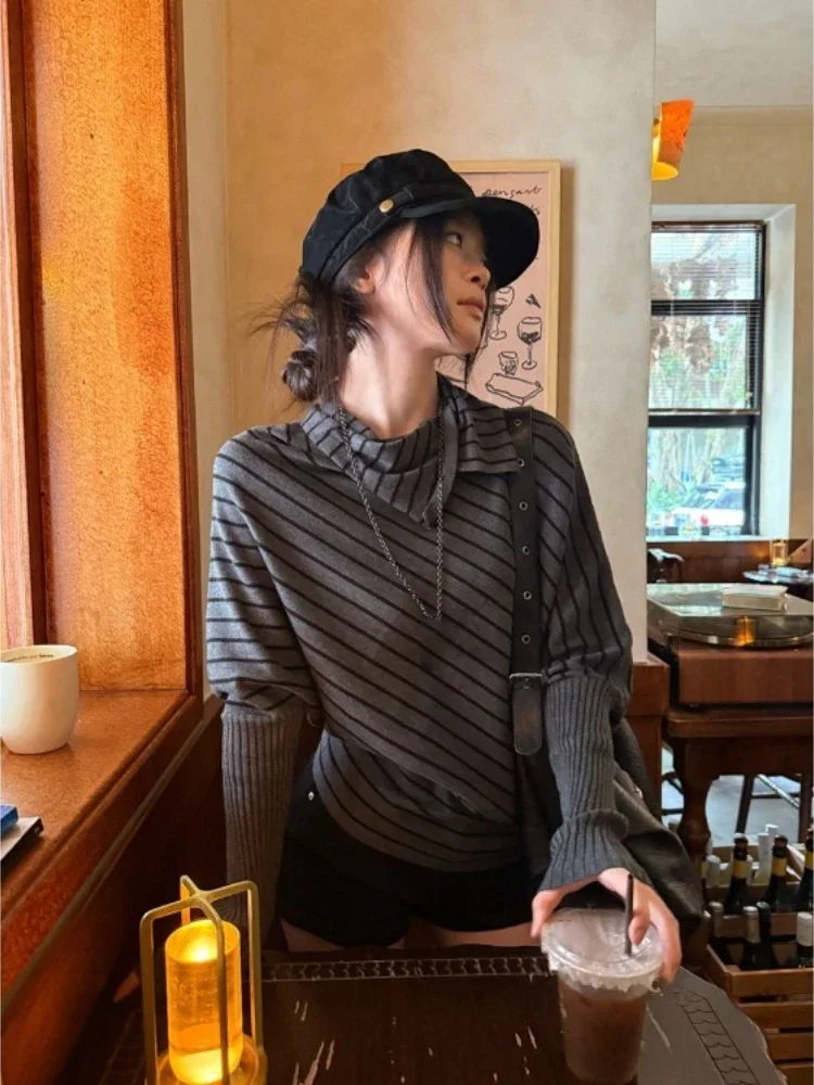 

Vintage Black Grey Irregular Knitted Pullovers Autumn New Loose Striped Sweater Jumpers Japanese Subcultural Y2k Women's Top