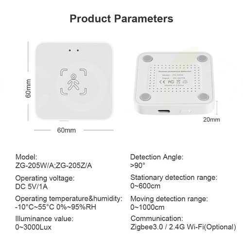 Imagen 2 del producto Sensor de movimiento de presencia humana ZigBee Wifi MmWave con detección de luminancia/distancia 5,8G 24G Detector de Radar compatible con asistente doméstico