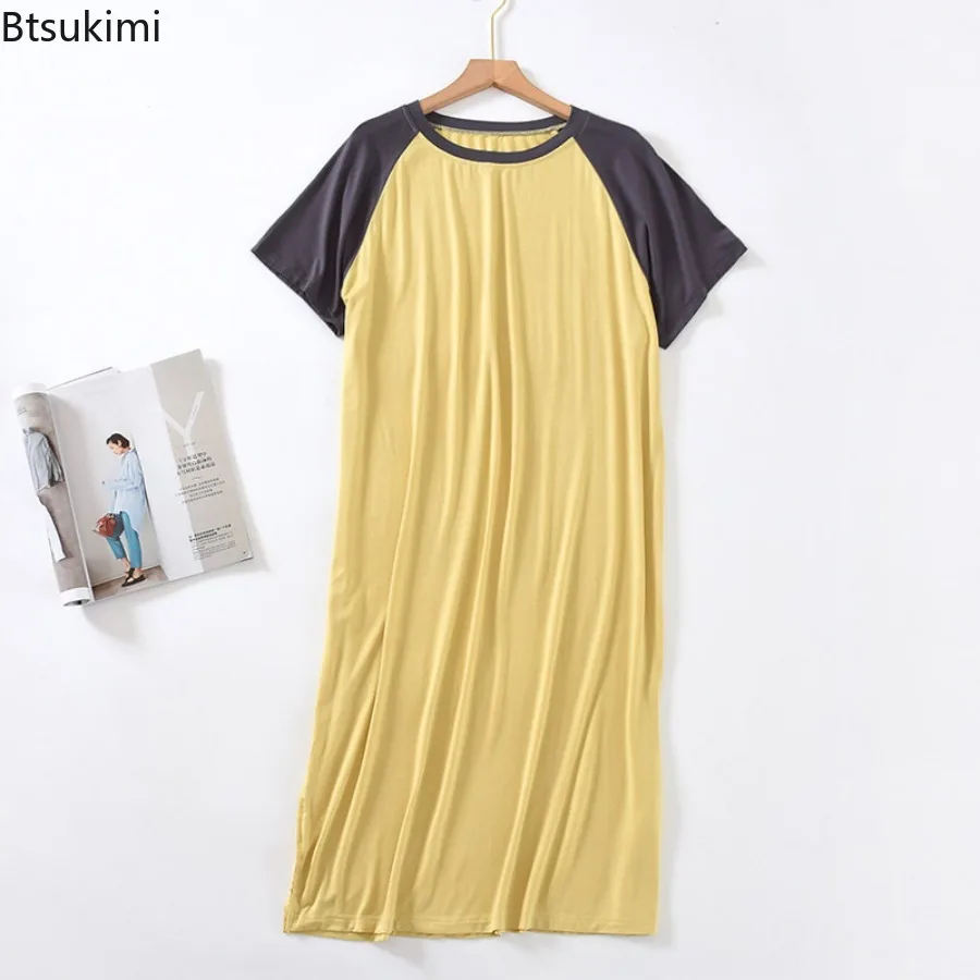 2025 Summer Modal Thin Style Color Blocked Short Sleeved Raglan Sleeve Long Robes for Women Round Neck Home Nightgown Home Wear