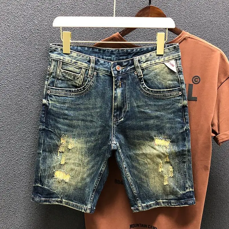 

New Kpop Luxury Cowboy Streetwear Vintage Distressed Yellow Denim Shorts Men Summer Knee Length Washed Casual Ripped Short Jeans