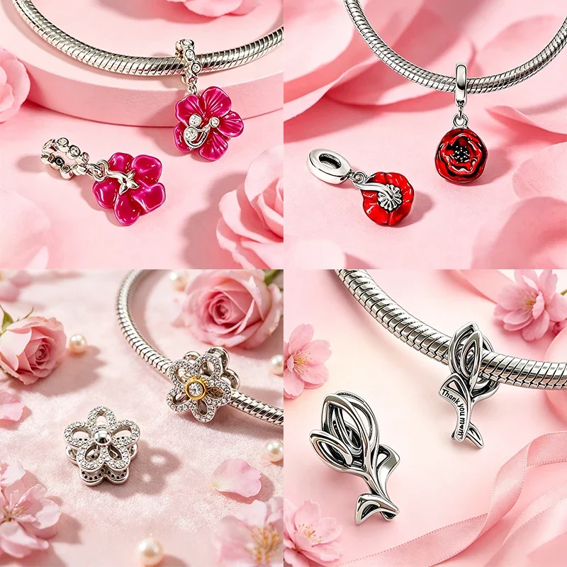 925 Sterling Silver Red Rose Charms Beads Fit Original Bracelet Bag Keychain Earring Charms Beads Pendant Diy Women Jewelry Gift - view 3