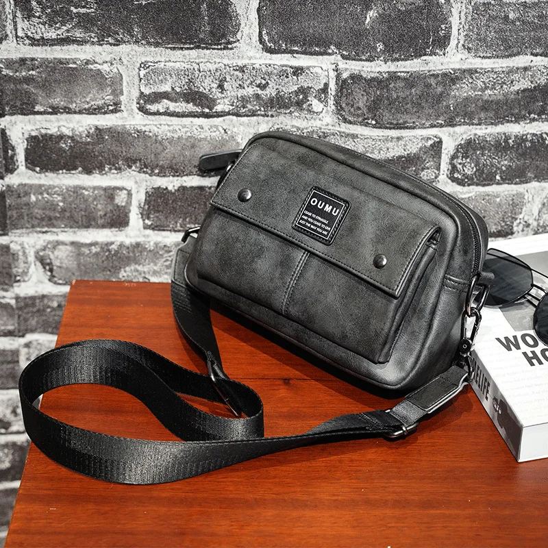 PU leather men's square single-shoulder bag, multi-pocket large-capacity commuter messenger bag, travel crossbody backpack
