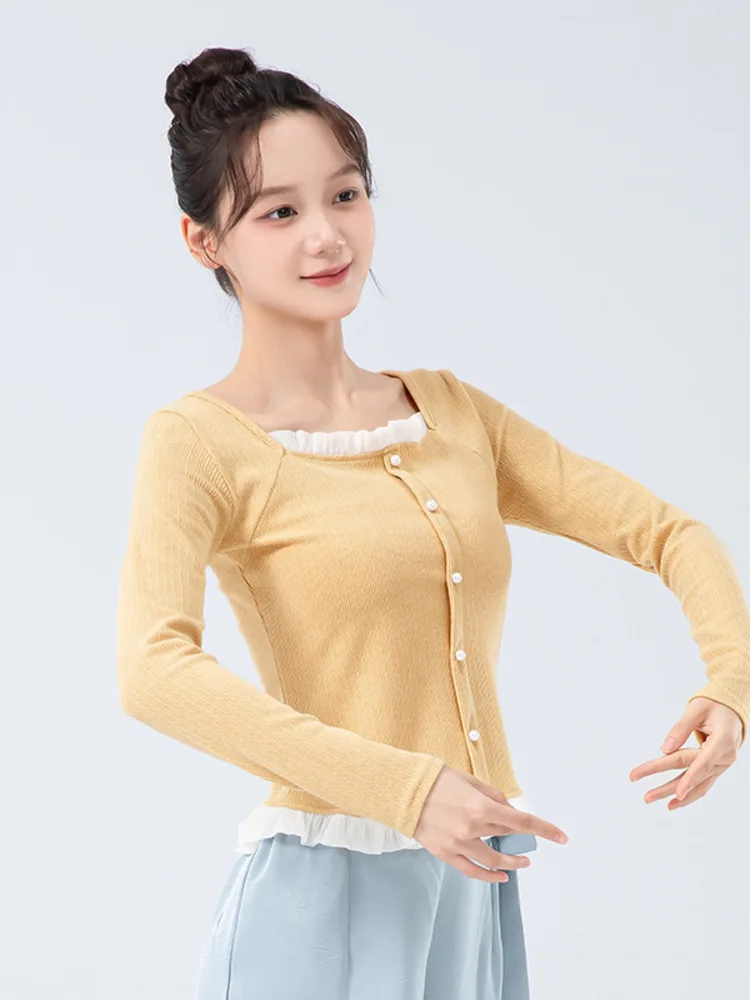 قميص باليه بقصة ضيقة ورقبة مربعة مكشكشة من الدانتيل - قميص رقص مسرحي بأكمام طويلة مكون من قطعتين للنساء