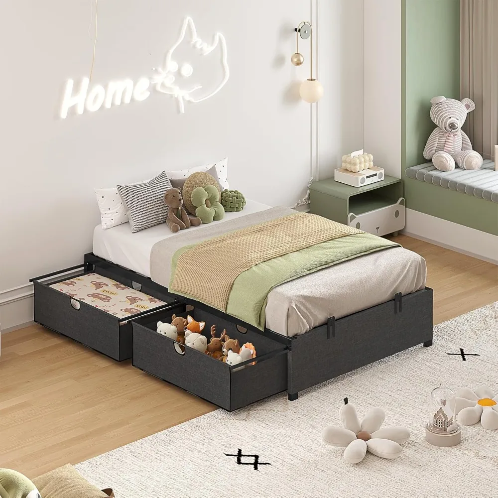 هيكل سرير مع أدراج تخزين كبيرة، سرير بمنصة مع أدراج، دعامة شرائح معدنية ثقيلة، لا حاجة إلى صندوق زنبركي، خالية من الضوضاء #2
