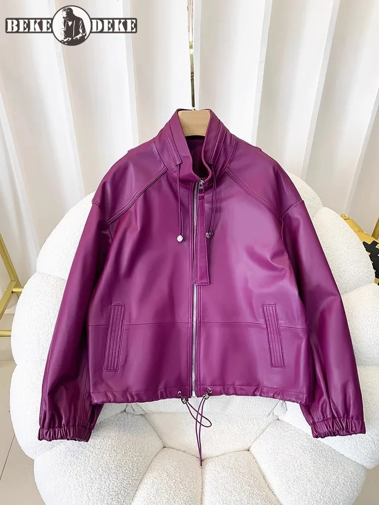 Genuine Leather Jacket Spring Women Stand Collar Loose Fit Casual Outerwear Solid Color Zip Sheepskin Fashion Hip Hop Short Coat