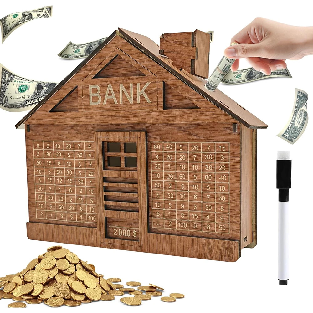 Reusable Cash Saver Box with Dry Erase Pen, Wooden Coin Money Bank for Adults, Wooden Cash Saver Money Box with Counter