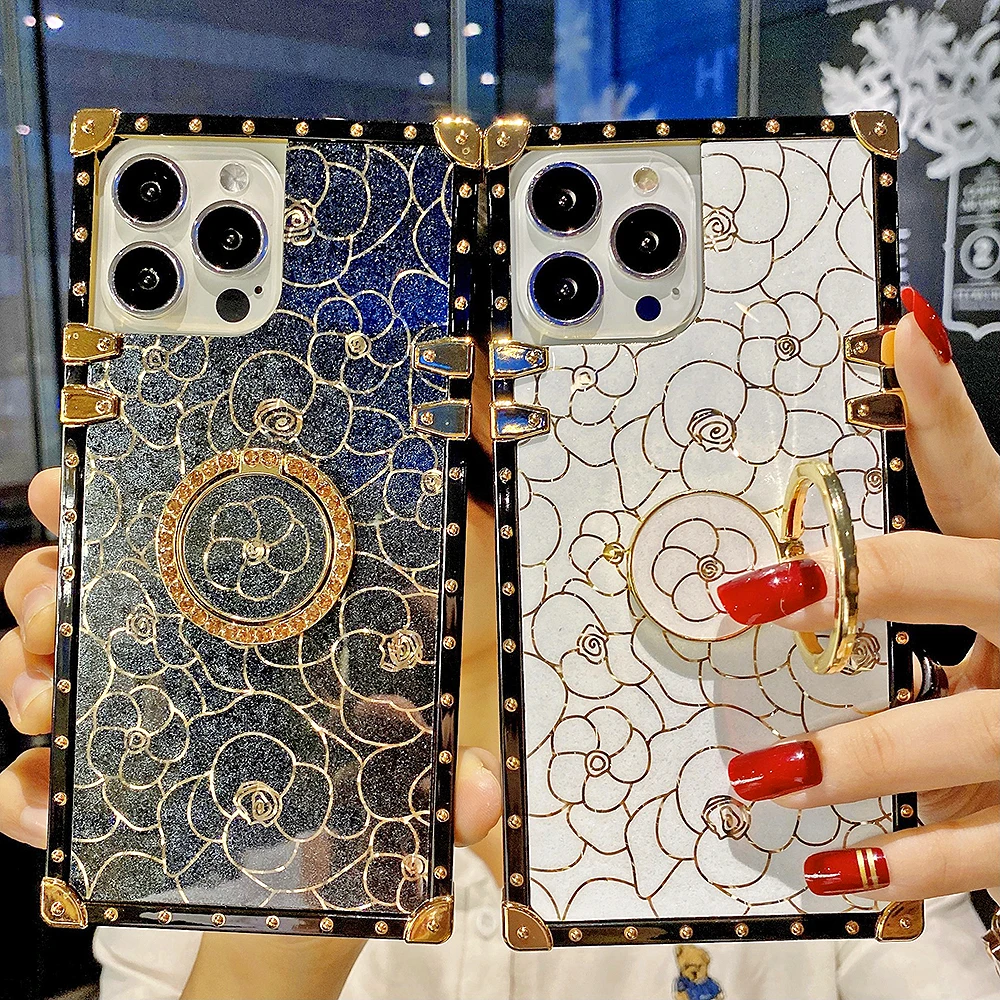 Fashion Rose Peony Diamond Ring Square Phone Cases For iPhone15 14 13 12 11 Pro Max X XR XS SE2020 6S 7 8Plus Glitter Back Cover