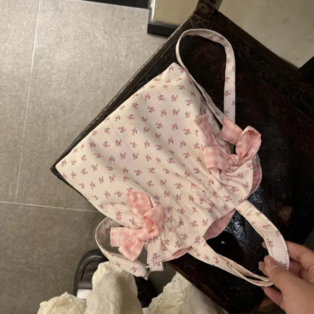 3-in-1 Floral Crossbody Bag Ruched Gingham Convertible Small Tote Versatile Washable Pink Bowknot Handbag Vacation