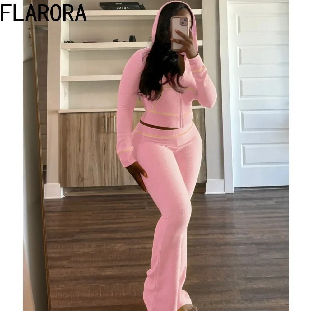 FLARORA Autumn Waffle Texture Striped Women\'s Two Piece Sets Casual Solid Long Sleeve Hoodies And Flared Pants Set Sweatsuits