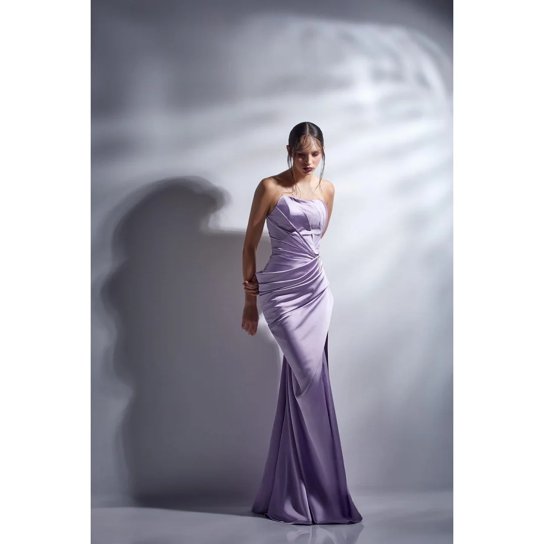 

Customized Temperament Satin Straight Evening Dresses Strapless Sleeveless Zipper Back Panel Train Bespoke Occasion Gowns